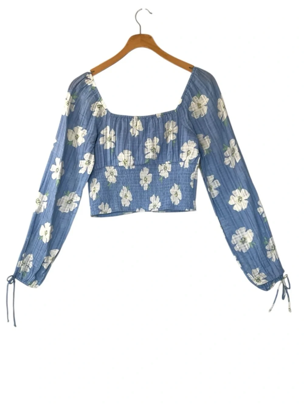 American Eagle Floral Cotton Corset Long Sleeve Crop Top Size S Blue Spring